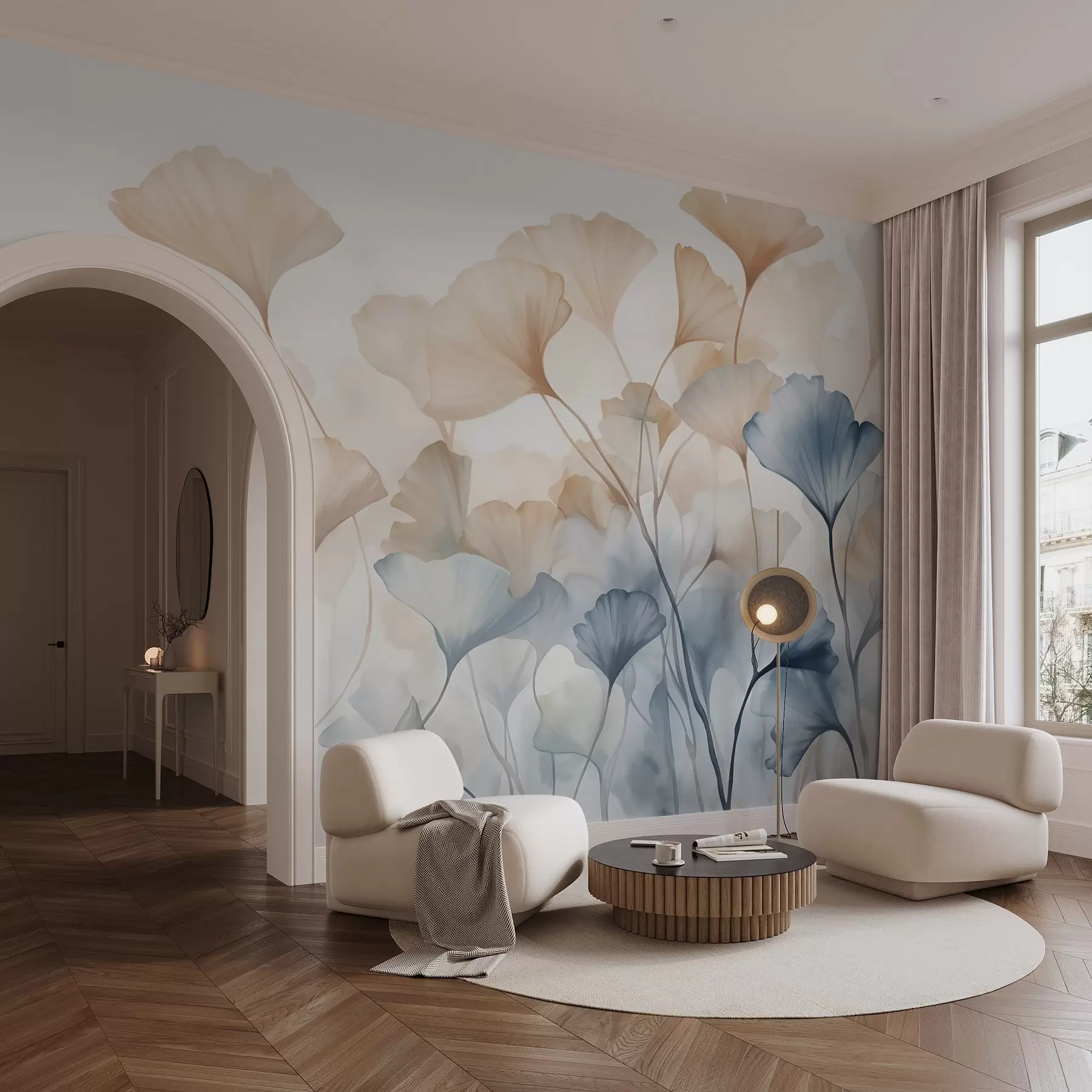 Wall Mural Photo Wallpaper Ginkgo leaves in blue and orange watercolor, translucent petals, delicate stems, soft color palette w08917