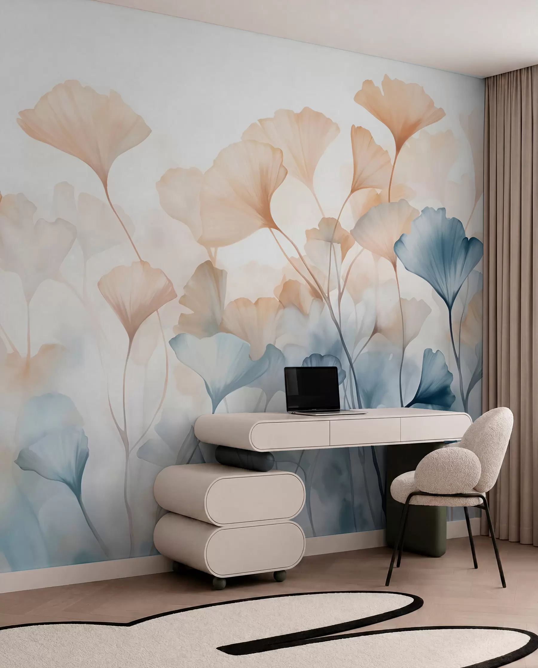 wall murals Ginkgo leaves in blue and orange watercolor, translucent petals, delicate stems, soft color palette w08917