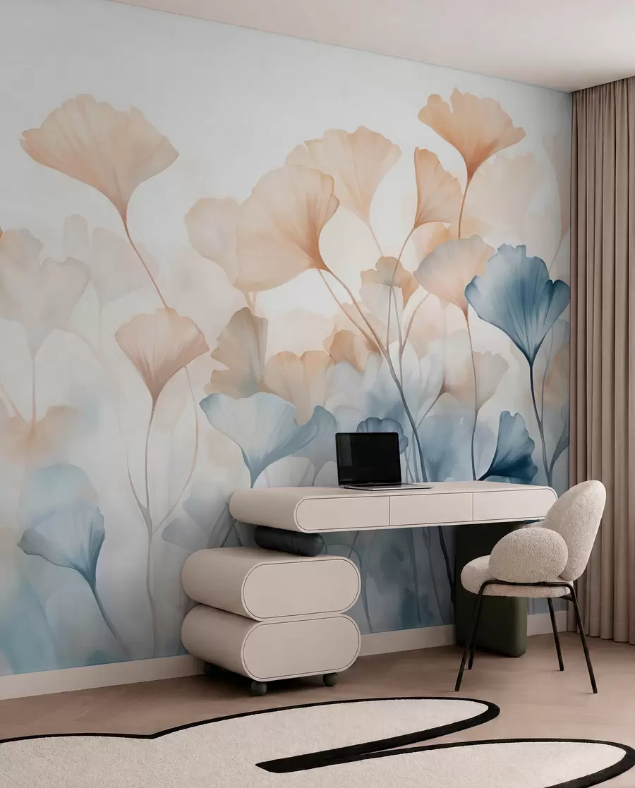 wall murals Ginkgo leaves in blue and orange watercolor, translucent petals, delicate stems, soft color palette w08917