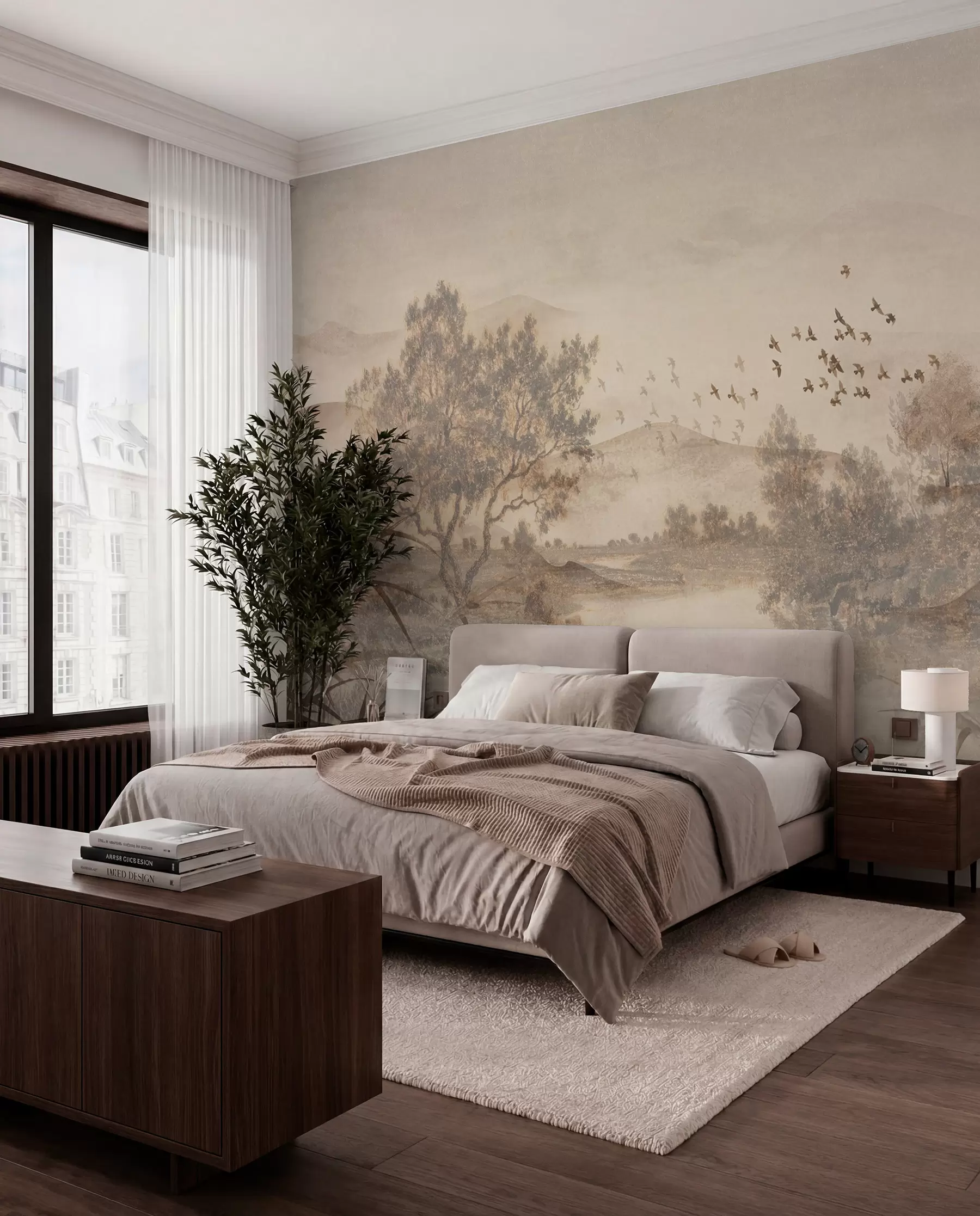 Wall Mural Photo Wallpaper Textured vintage landscape with a tree near river and a cloudy sky, nature art in sepia tones w08920