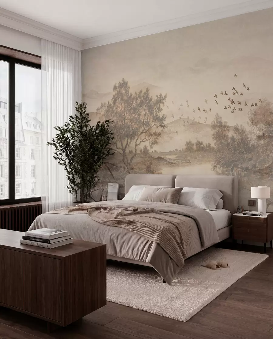 Wall Mural Photo Wallpaper Textured vintage landscape with a tree near river and a cloudy sky, nature art in sepia tones w08920