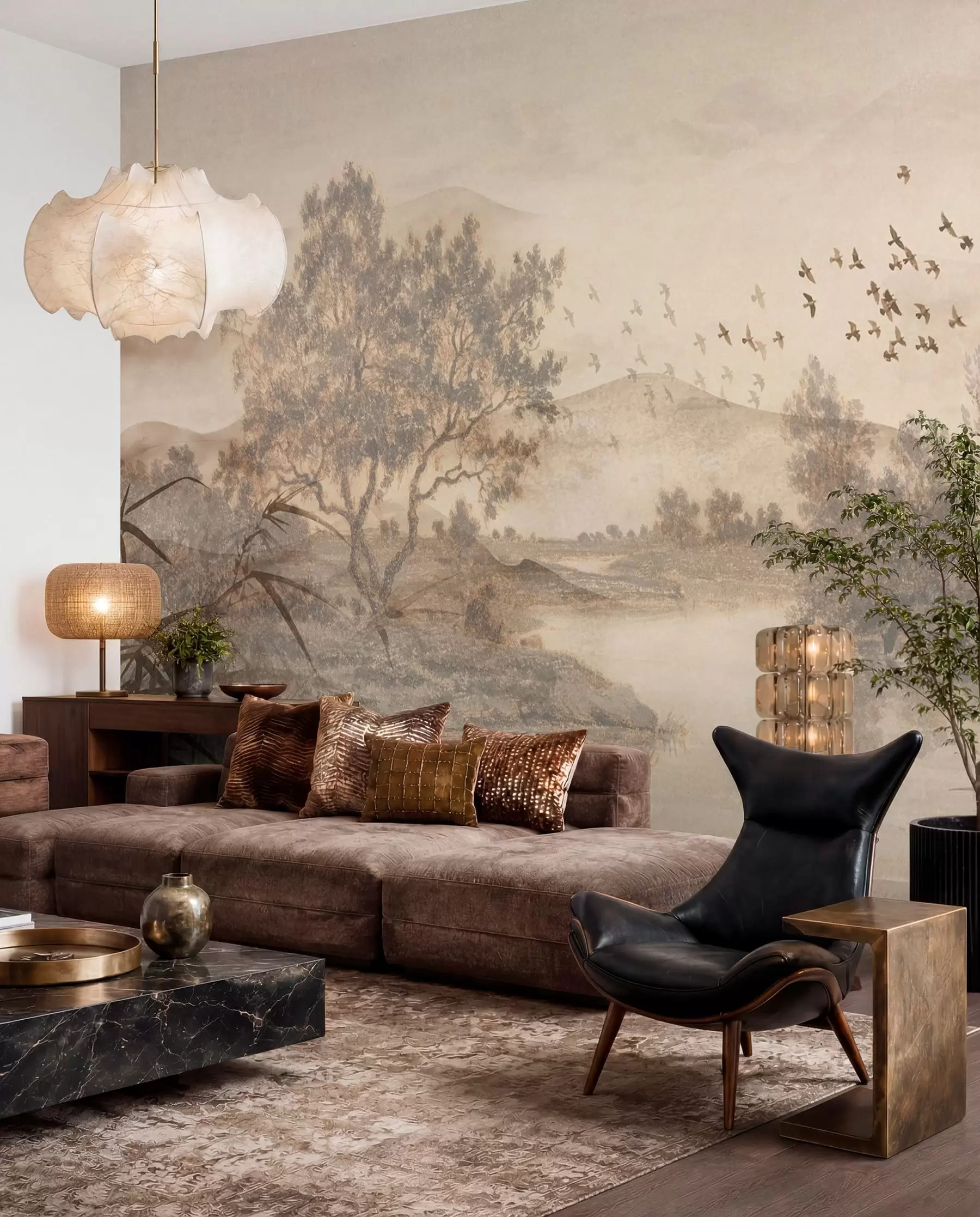 Wall Mural Photo Wallpaper Textured vintage landscape with a tree near river and a cloudy sky, nature art in sepia tones w08920