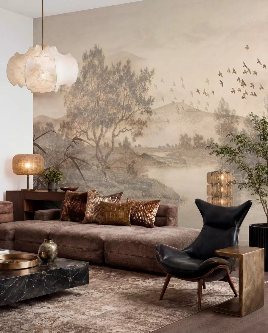 Wall Mural Photo Wallpaper Textured vintage landscape with a tree near river and a cloudy sky, nature art in sepia tones w08920