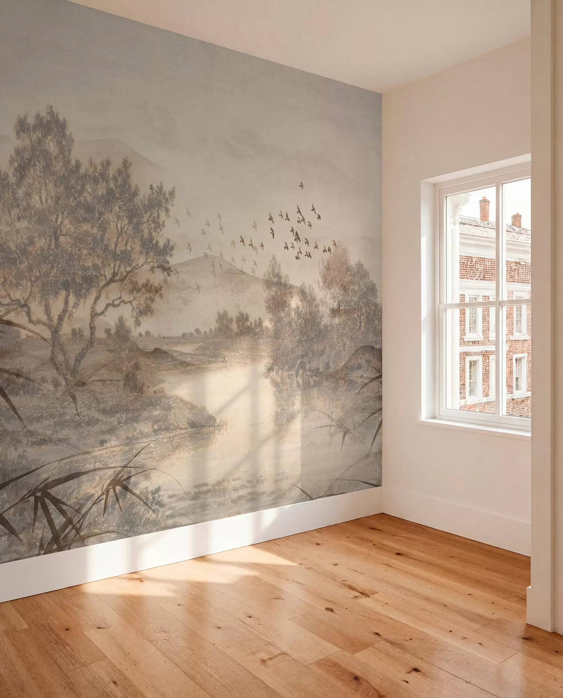 peintures murales Paysage vintage texturé avec un arbre près d'une rivière et un ciel nuageux, art de la nature en tons sépia w08920