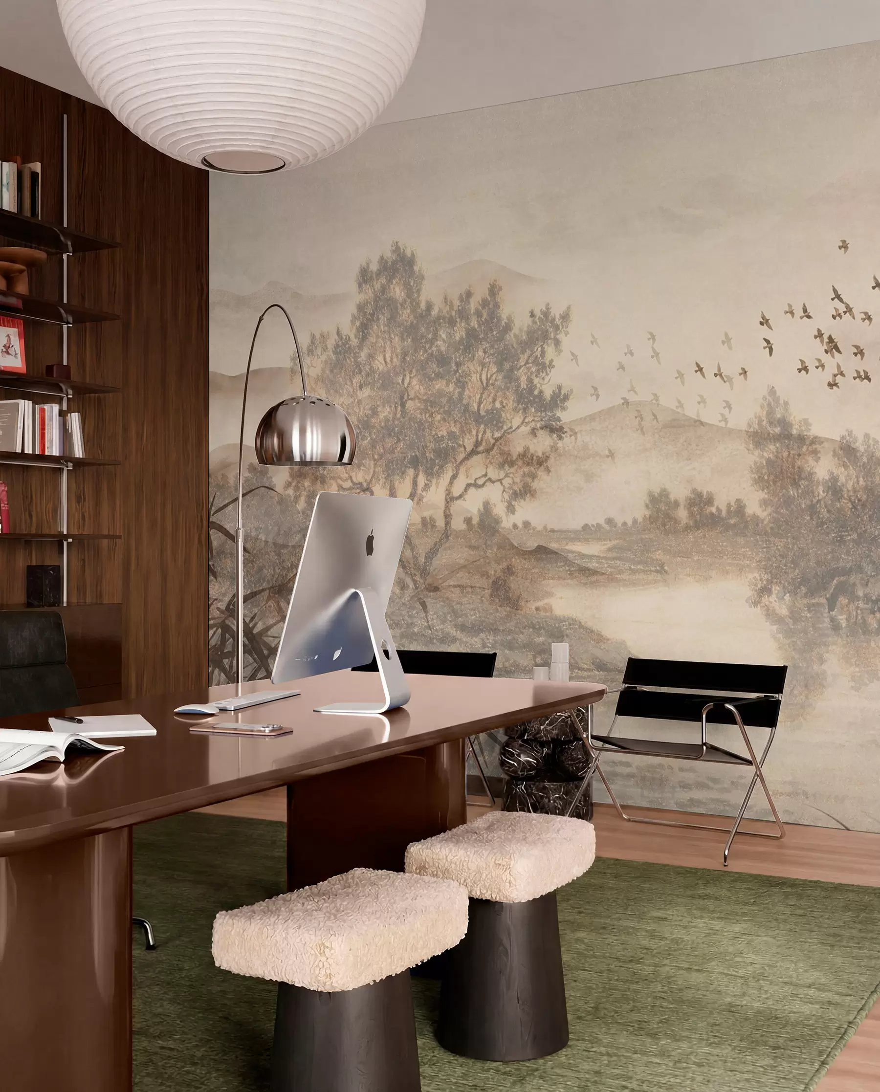 wall murals Textured vintage landscape with a tree near river and a cloudy sky, nature art in sepia tones w08920