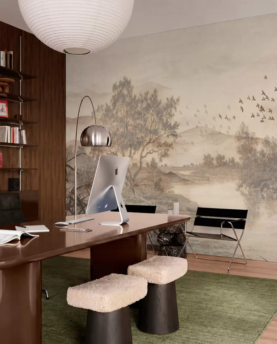 wall murals Textured vintage landscape with a tree near river and a cloudy sky, nature art in sepia tones w08920