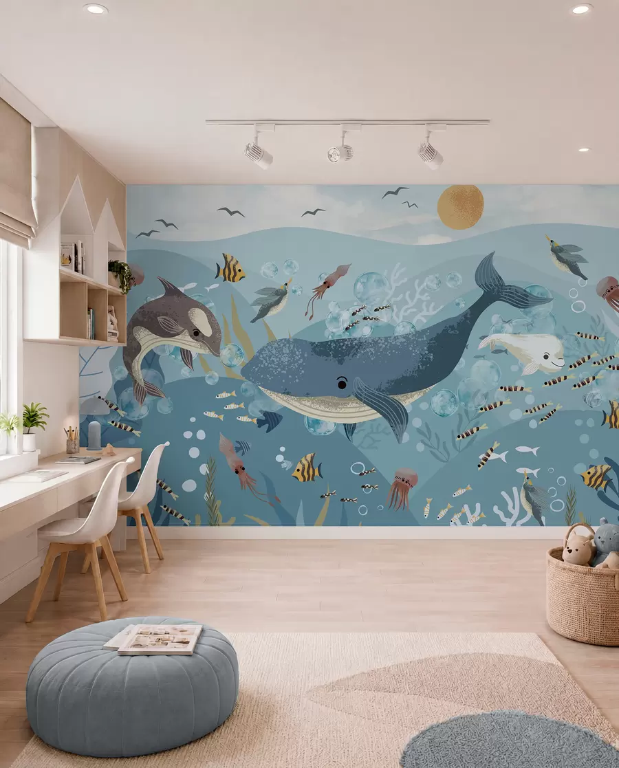 wall murals Kids illustration cute print with blue whale surrounded by fish, squids, jellyfish in a blue ocean with bubbles w08921