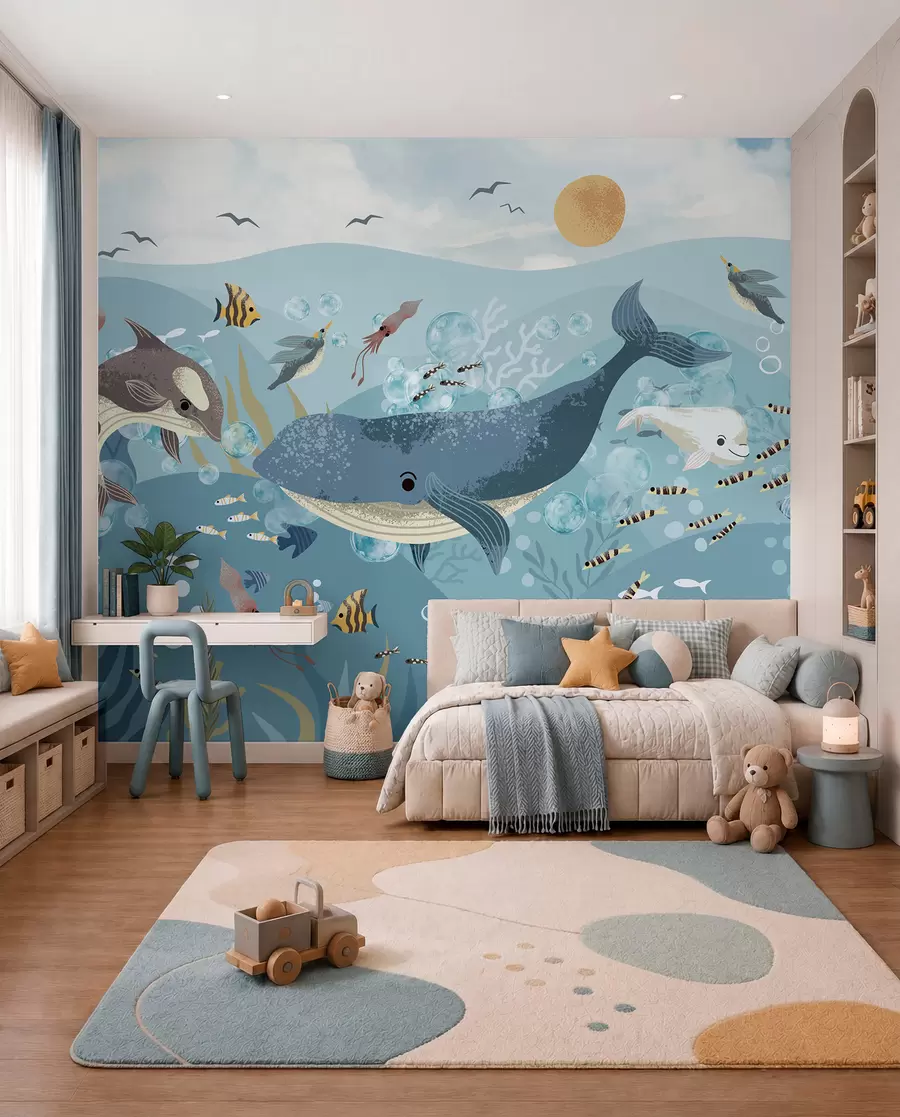 wall murals Kids illustration cute print with blue whale surrounded by fish, squids, jellyfish in a blue ocean with bubbles w08921