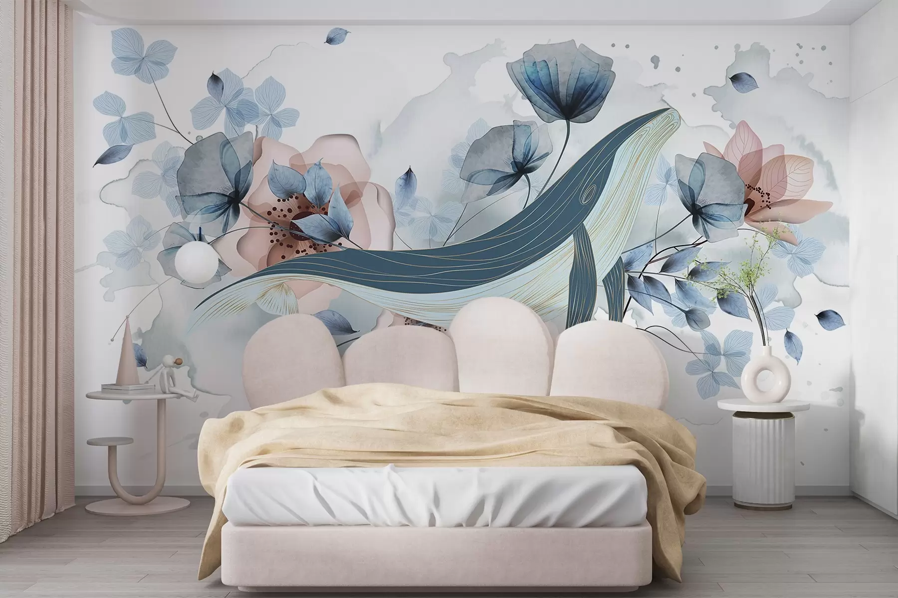 peintures murales Une baleine bleue avec des fleurs, style aquarelle, couleurs bleu clair et rose, fond clair w08922