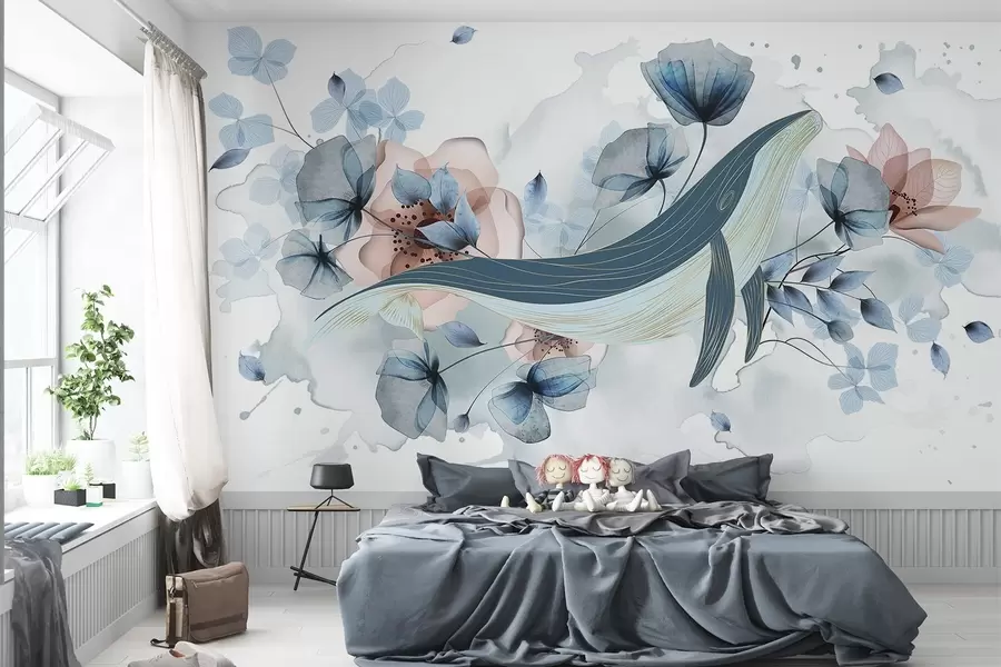 murales Una ballena azul con flores, estilo acuarela, colores azul claro y rosa, fondo claro w08922