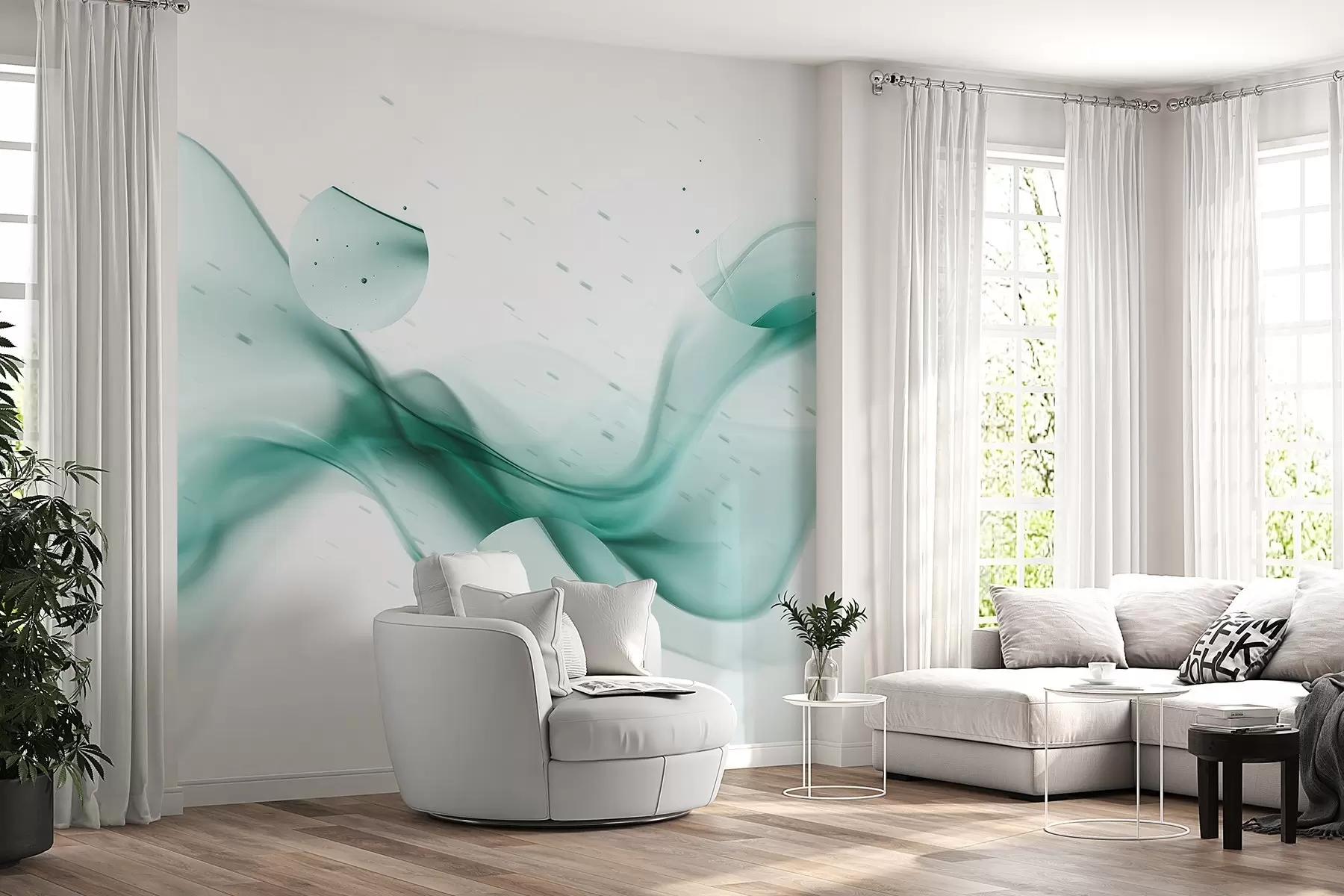 murais de parede Abstração de ondas geométricas, estilo desfocado, gradiente, cores água-marinha w03404v2