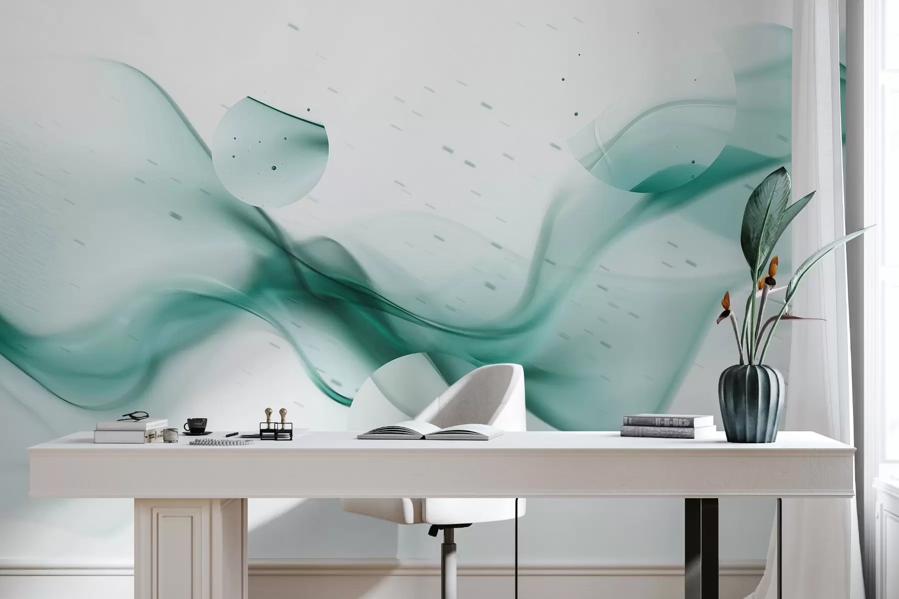 murais de parede Abstração de ondas geométricas, estilo desfocado, gradiente, cores água-marinha w03404v2