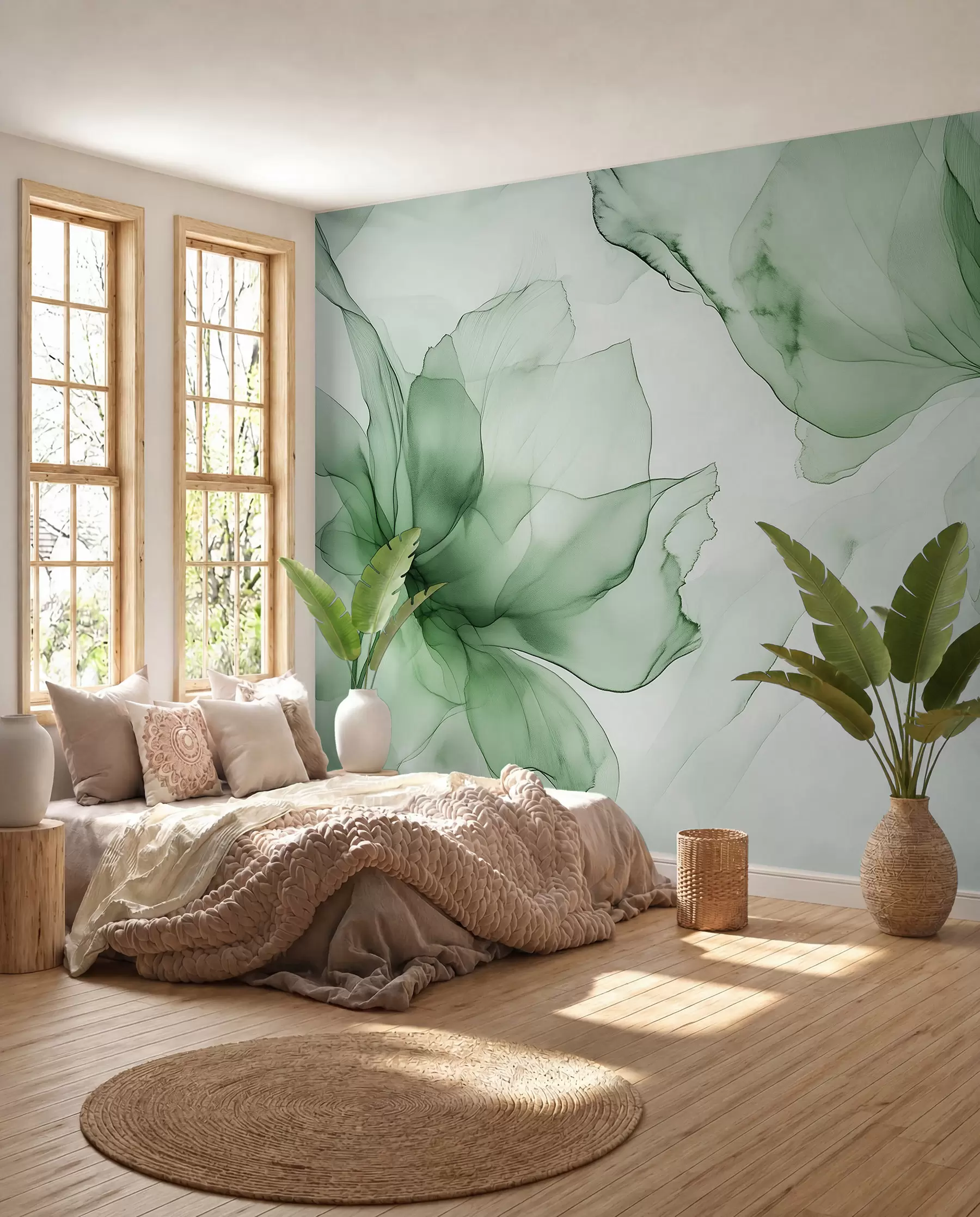 murales Flores de estilo fluido, abstracción floral, acuarela, paleta de colores verdes w03406