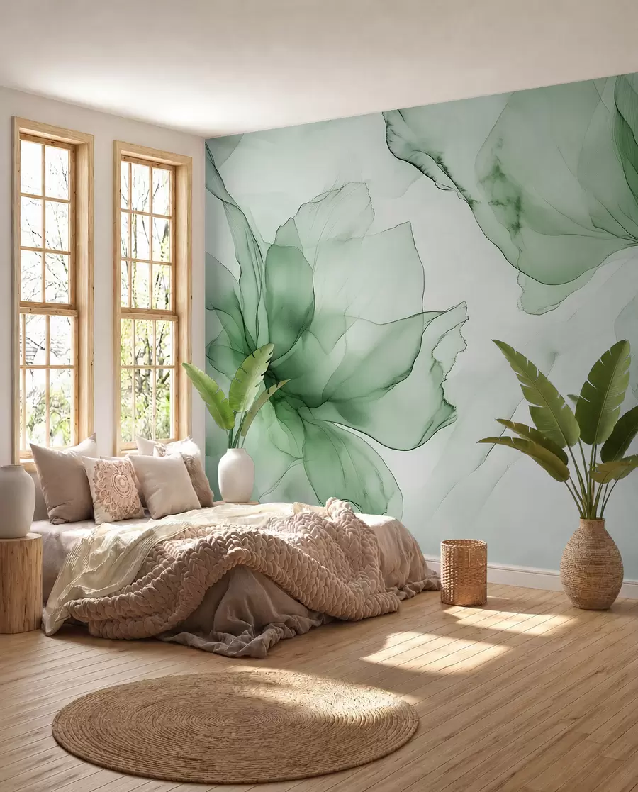 wall murals Fluid style flowers, floral abstraction, watercolor, green color palette w03406