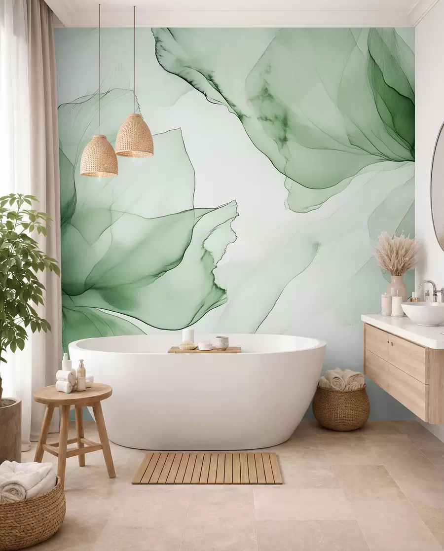wall murals Fluid style flowers, floral abstraction, watercolor, green color palette w03406
