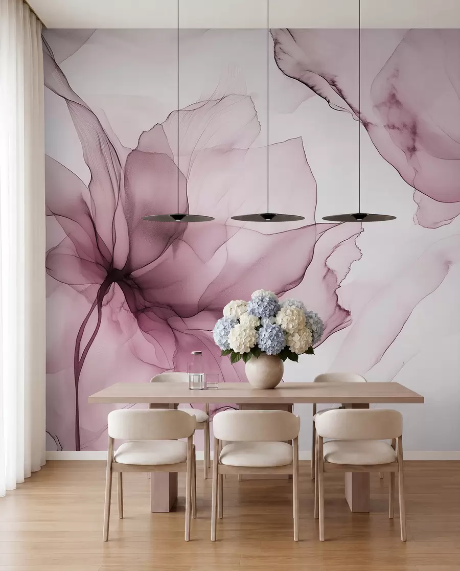 murales Flores de estilo fluido, abstracción floral, acuarela, paleta de colores rosa w03406v1
