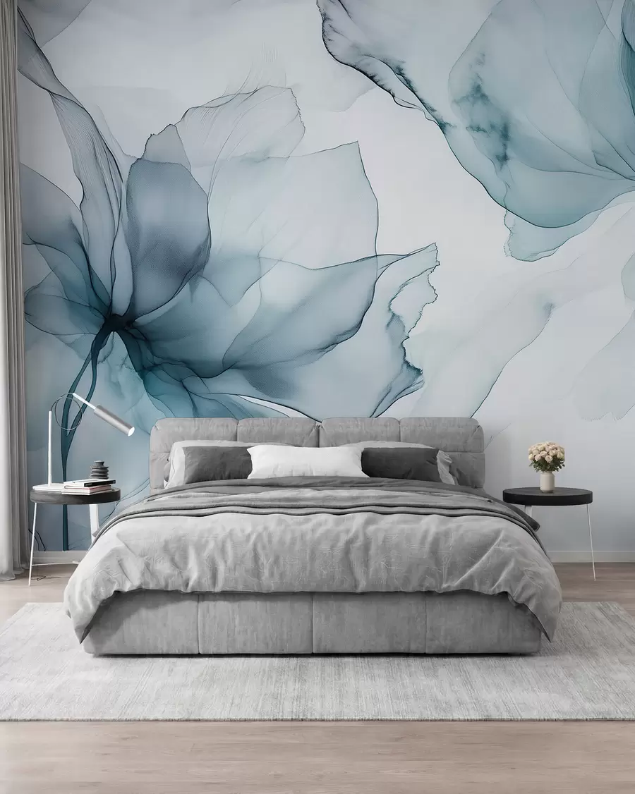 Wall Mural Photo Wallpaper Fluid style flowers, floral abstraction, watercolor, blue color palette  w03406v2