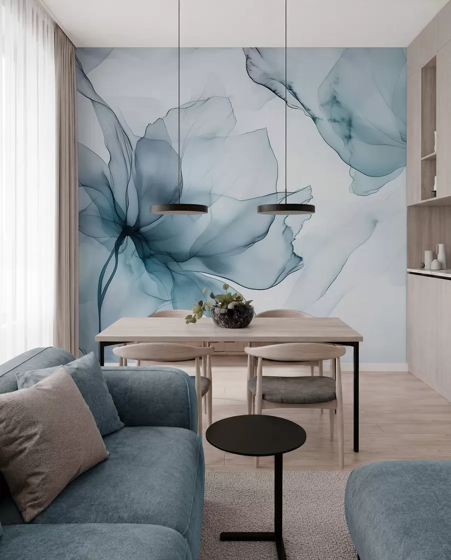 Wall Mural Photo Wallpaper Fluid style flowers, floral abstraction, watercolor, blue color palette  w03406v2