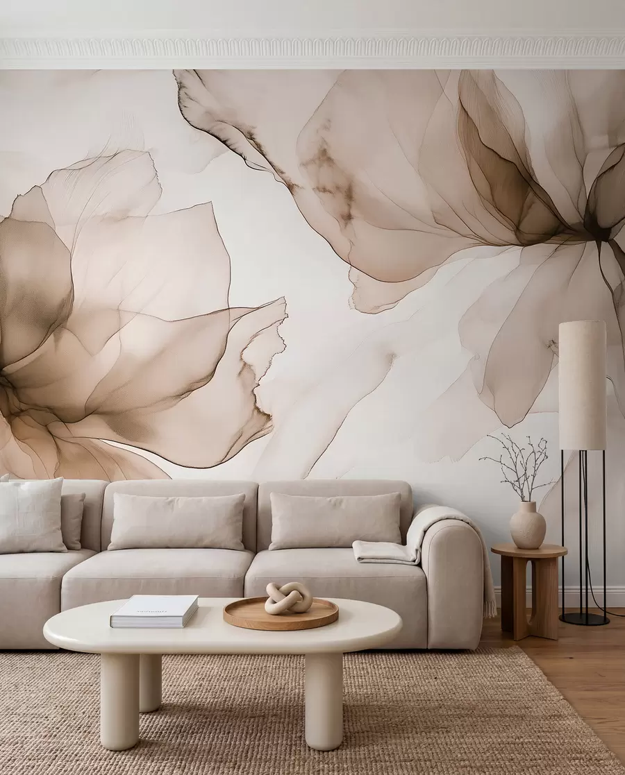 Wall Mural Photo Wallpaper Fluid style flowers, floral abstraction, watercolor, beige color palette  w03406v3