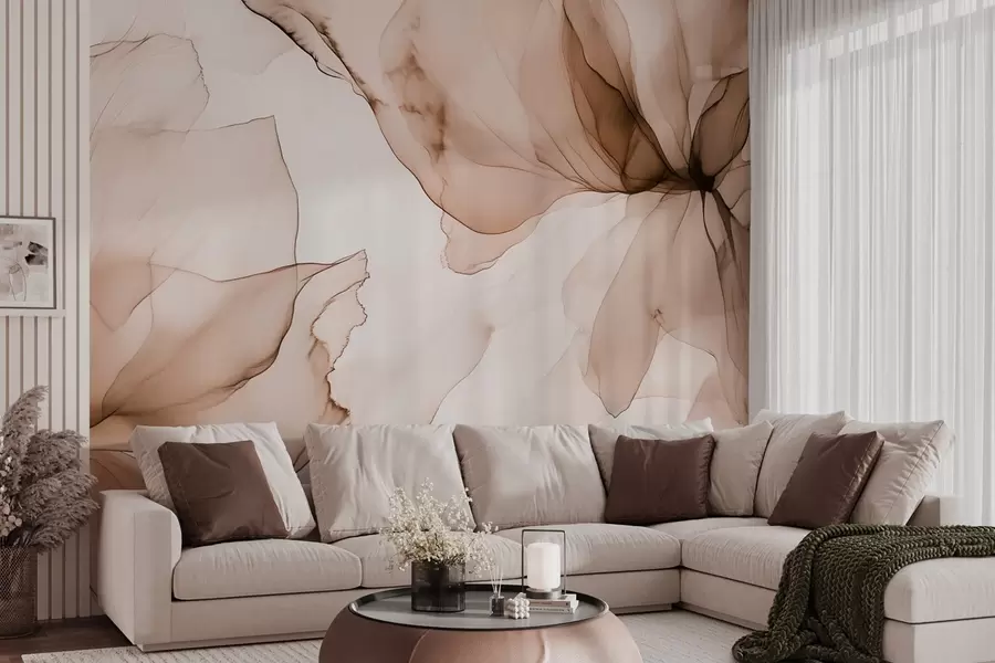 Wall Mural Photo Wallpaper Fluid style flowers, floral abstraction, watercolor, beige color palette  w03406v3