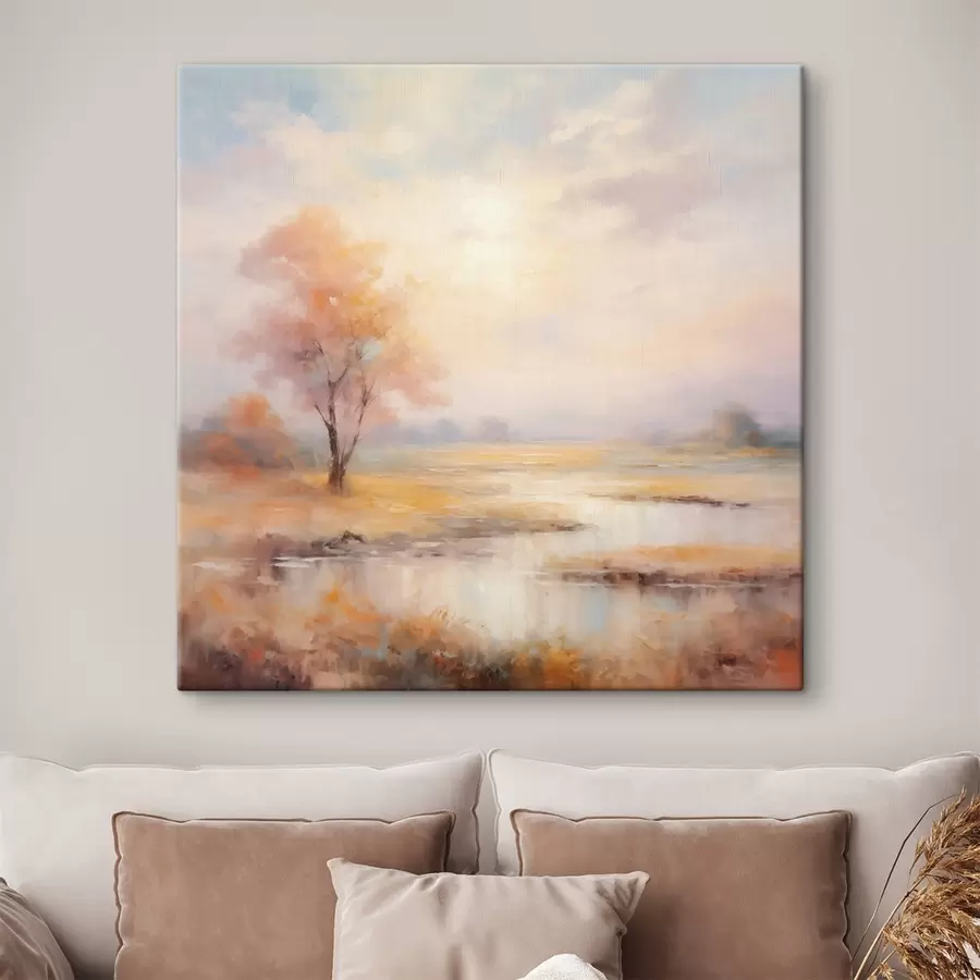 wall murals Landscape in warm shades with a river and a tree s43375