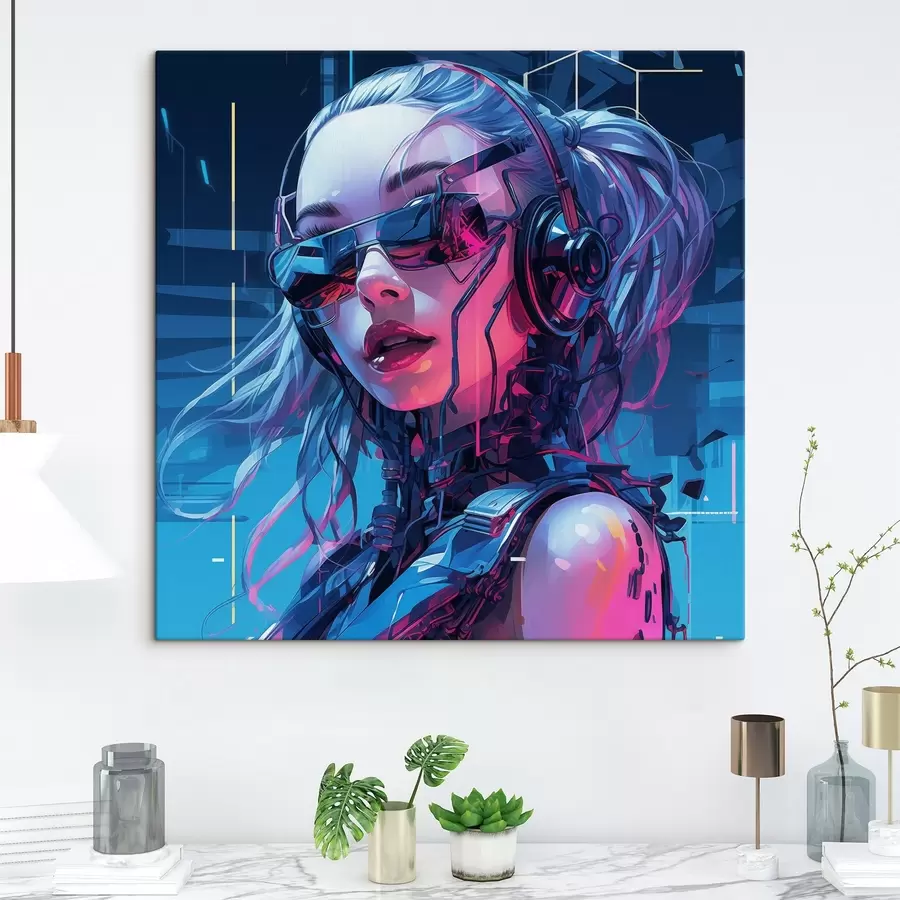 murales Chica futurista con gafas con efecto de color neón s43381