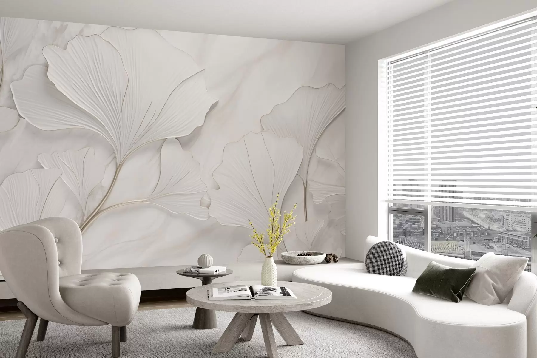 peintures murales Feuilles pastel sur fond de marbre w03440