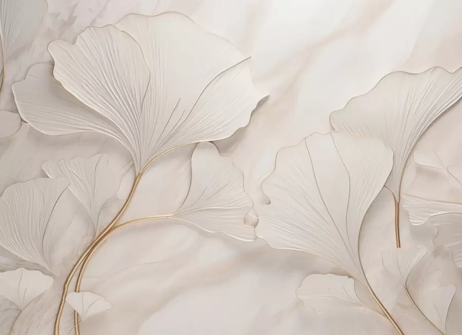 Wall Mural Photo Wallpaper Pastel leaves on a marble background in beige tones w03440v1