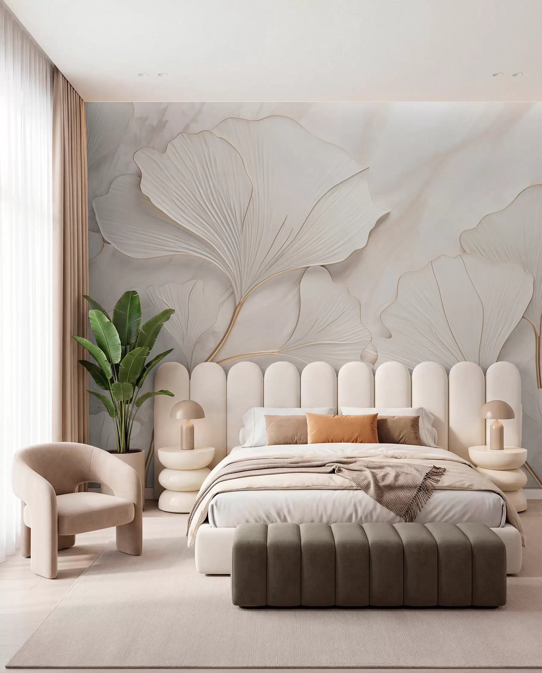 Wall Mural Photo Wallpaper Pastel leaves on a marble background in beige tones w03440v1