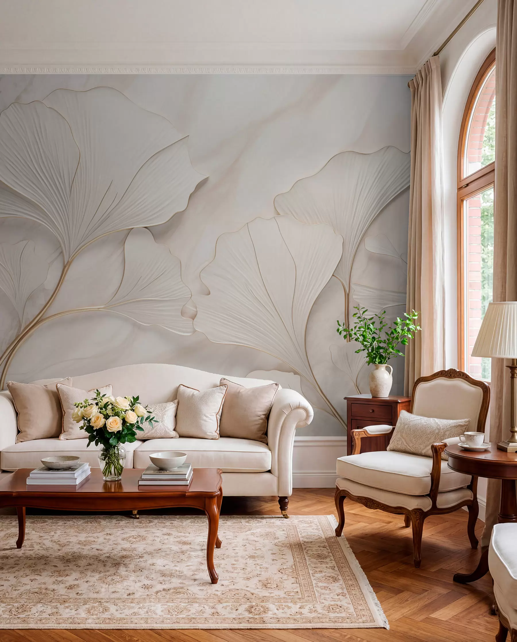Wall Mural Photo Wallpaper Pastel leaves on a marble background in beige tones w03440v1