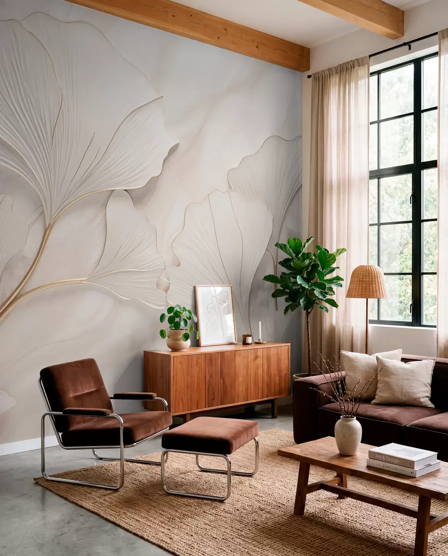 Wall Mural Photo Wallpaper Pastel leaves on a marble background in beige tones w03440v1