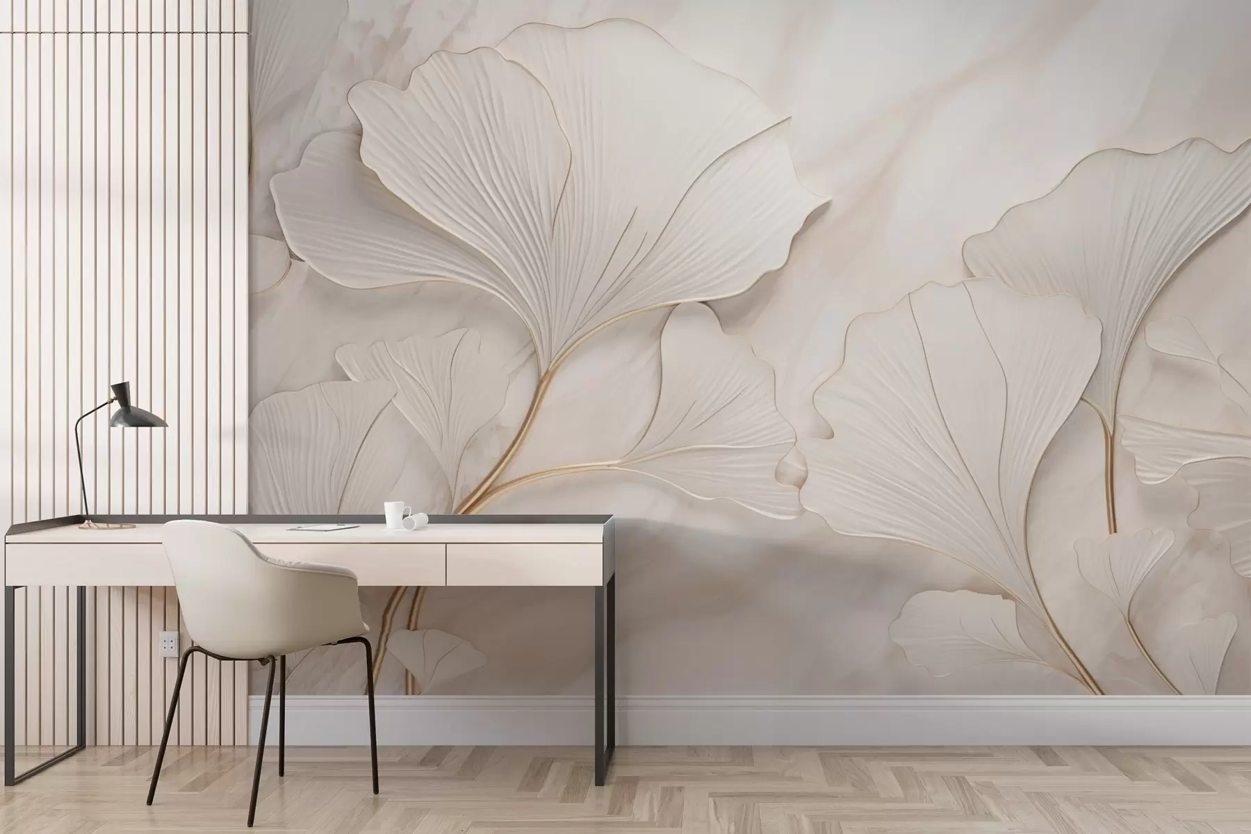 Wall Mural Photo Wallpaper Pastel leaves on a marble background in beige tones w03440v1