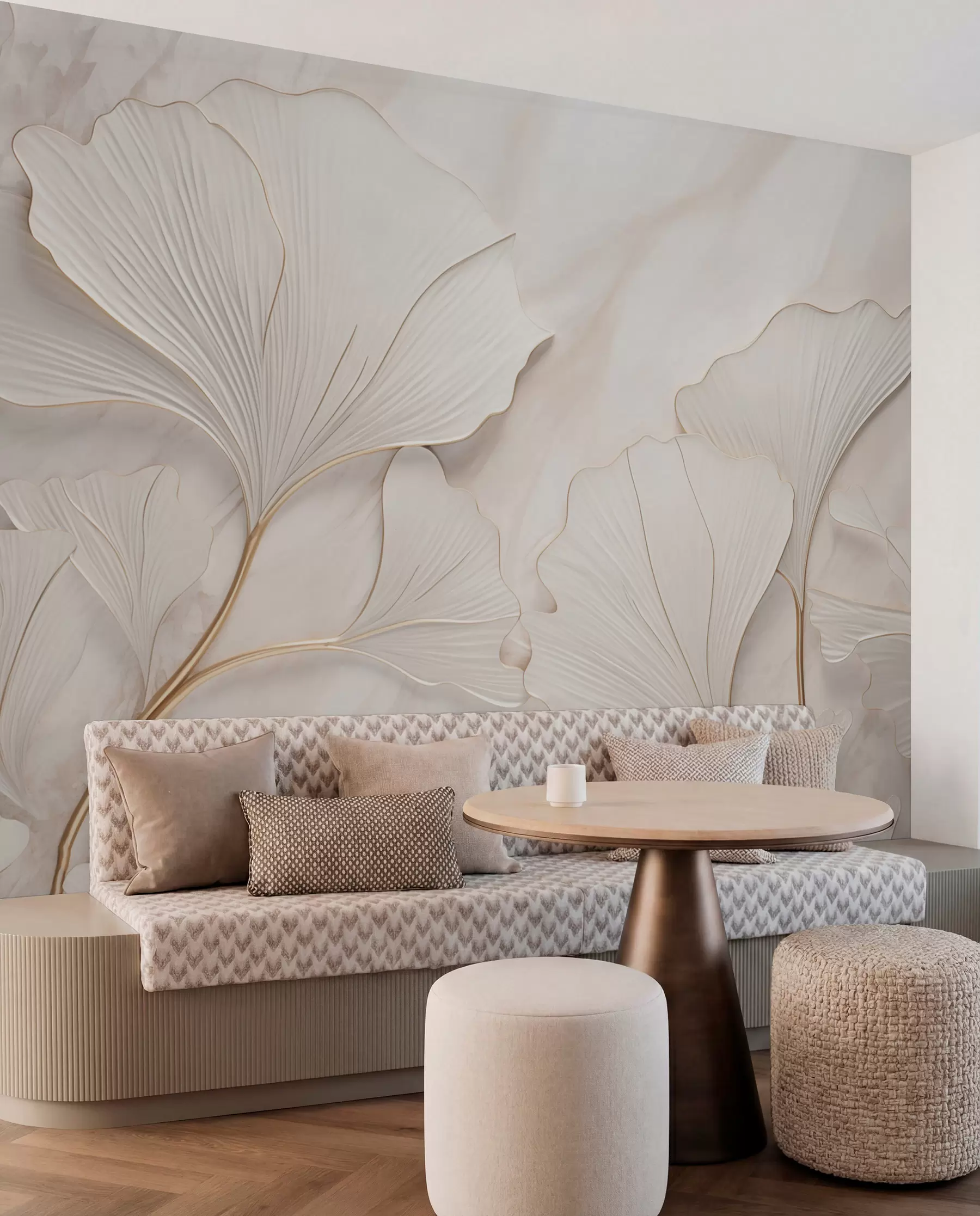 Wall Mural Photo Wallpaper Pastel leaves on a marble background in beige tones w03440v1