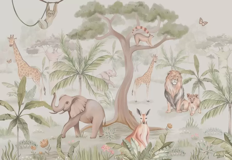 Wall Mural Photo Wallpaper Panorama of jungle with animals w03444