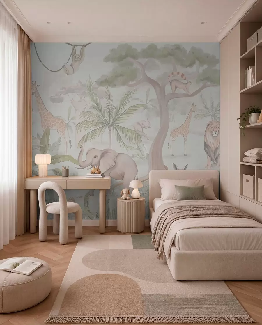 murales Panorama de selva con animales en colores claros w03444v1