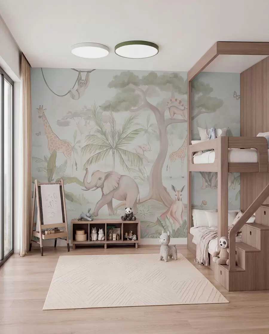 wall murals Panorama of jungle with animals in light colors w03444v1
