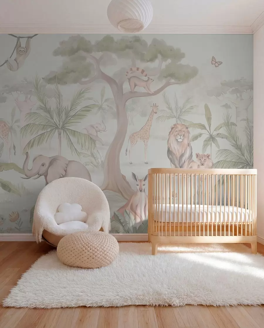 peintures murales Panorama de la jungle avec des animaux en couleurs claires w03444v1