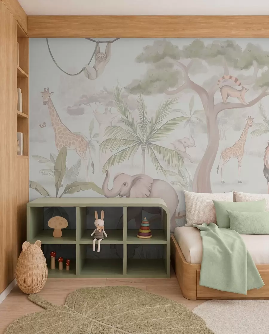 murales Panorama de selva con animales en colores claros w03444v1