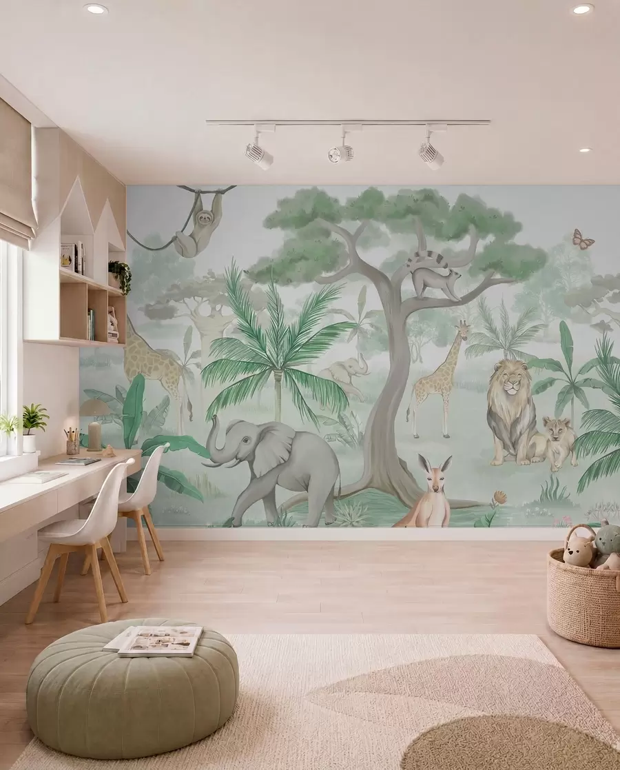 wall murals Panorama of jungle with animals in green tones w03444v2