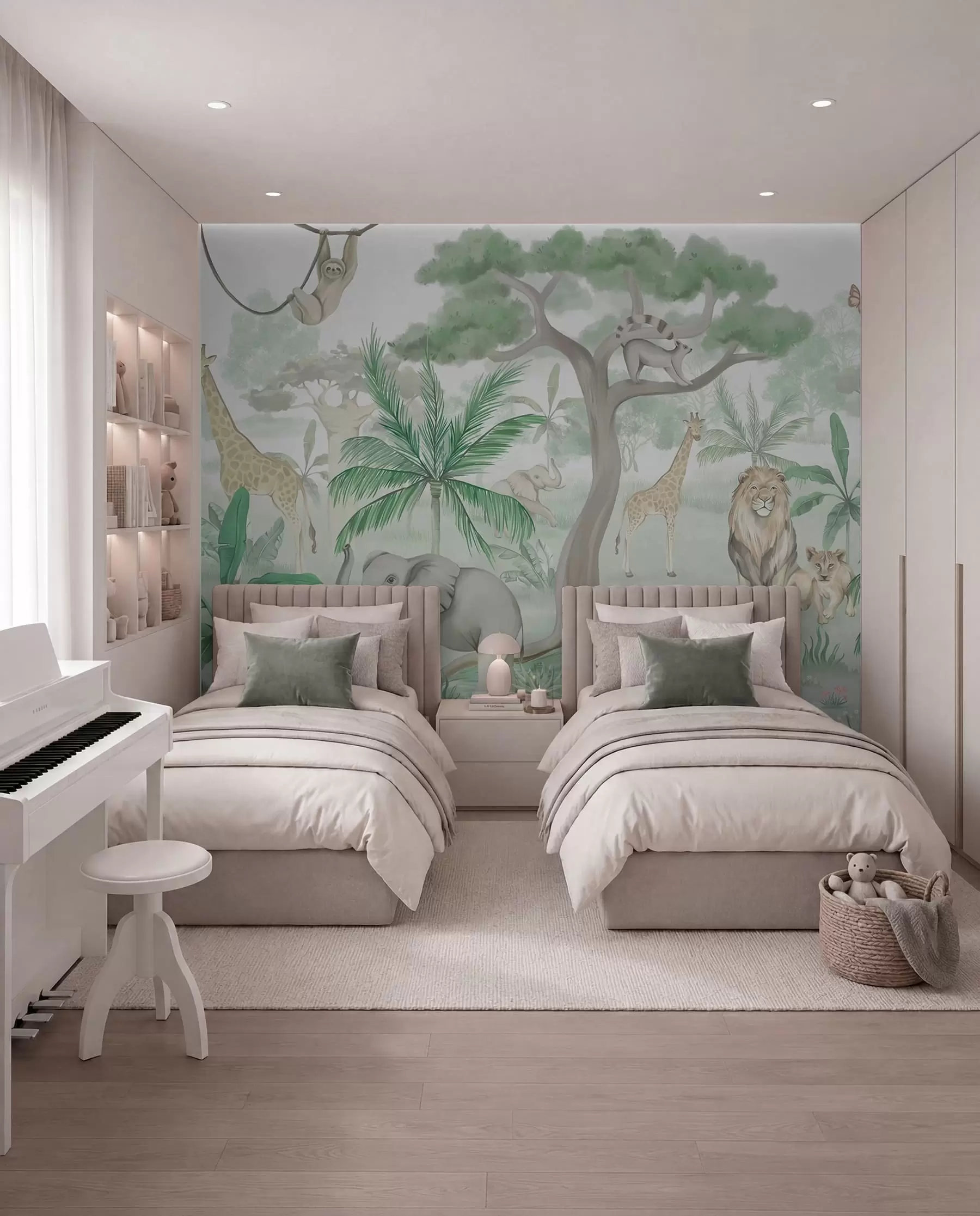 peintures murales Panorama de la jungle avec des animaux dans les tons verts w03444v2