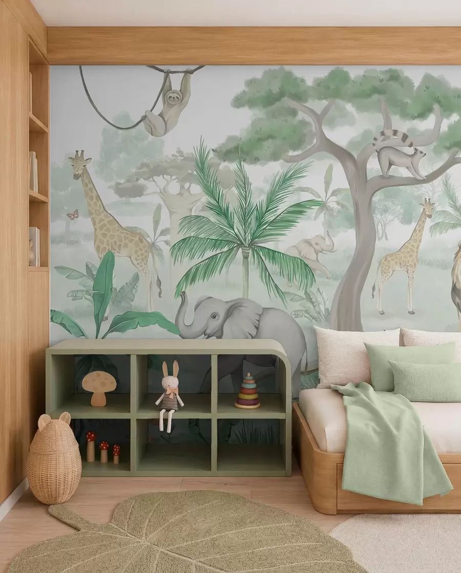wall murals Panorama of jungle with animals in green tones w03444v2