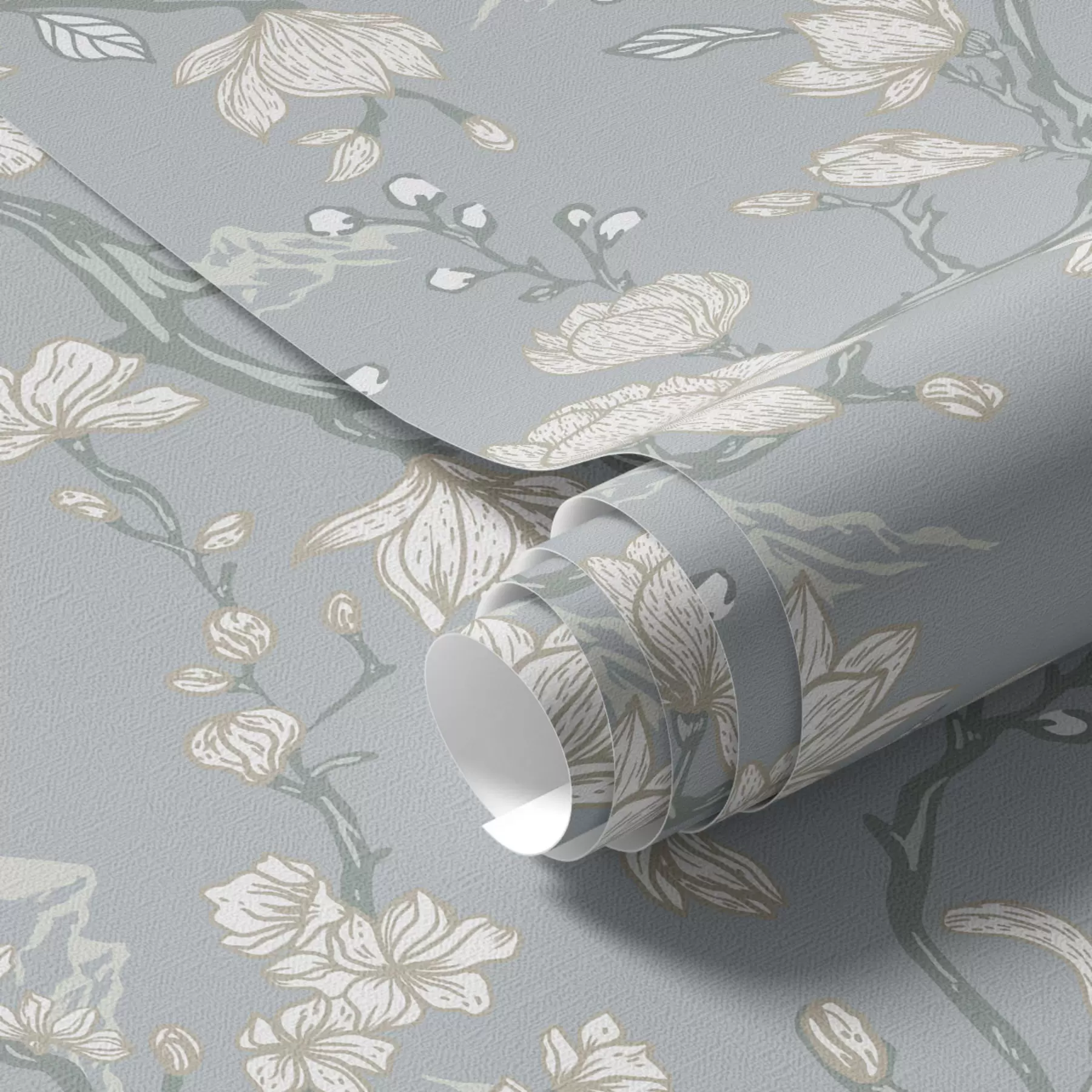 Wall Mural Photo Wallpaper White flowers on branches and mountains on a blue background a00021