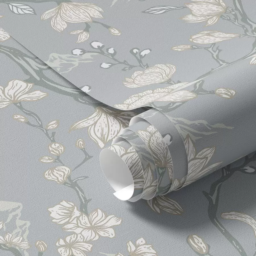 Wall Mural Photo Wallpaper White flowers on branches and mountains on a blue background a00021