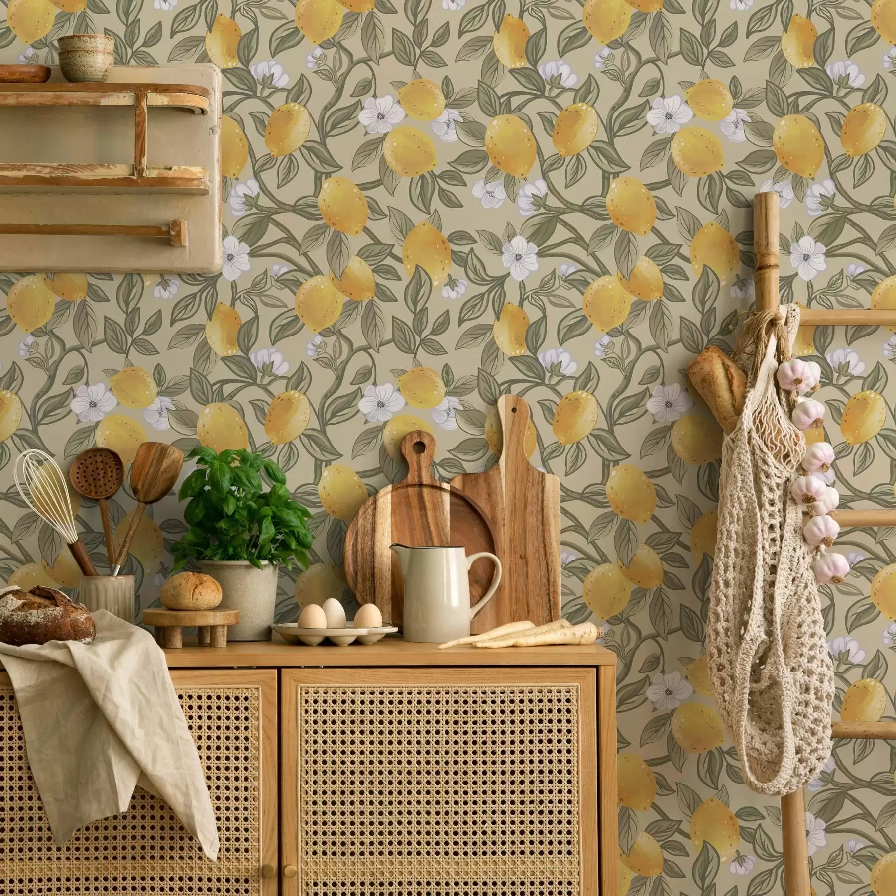 Wall Mural Photo Wallpaper Flowers and yellow lemons a00023