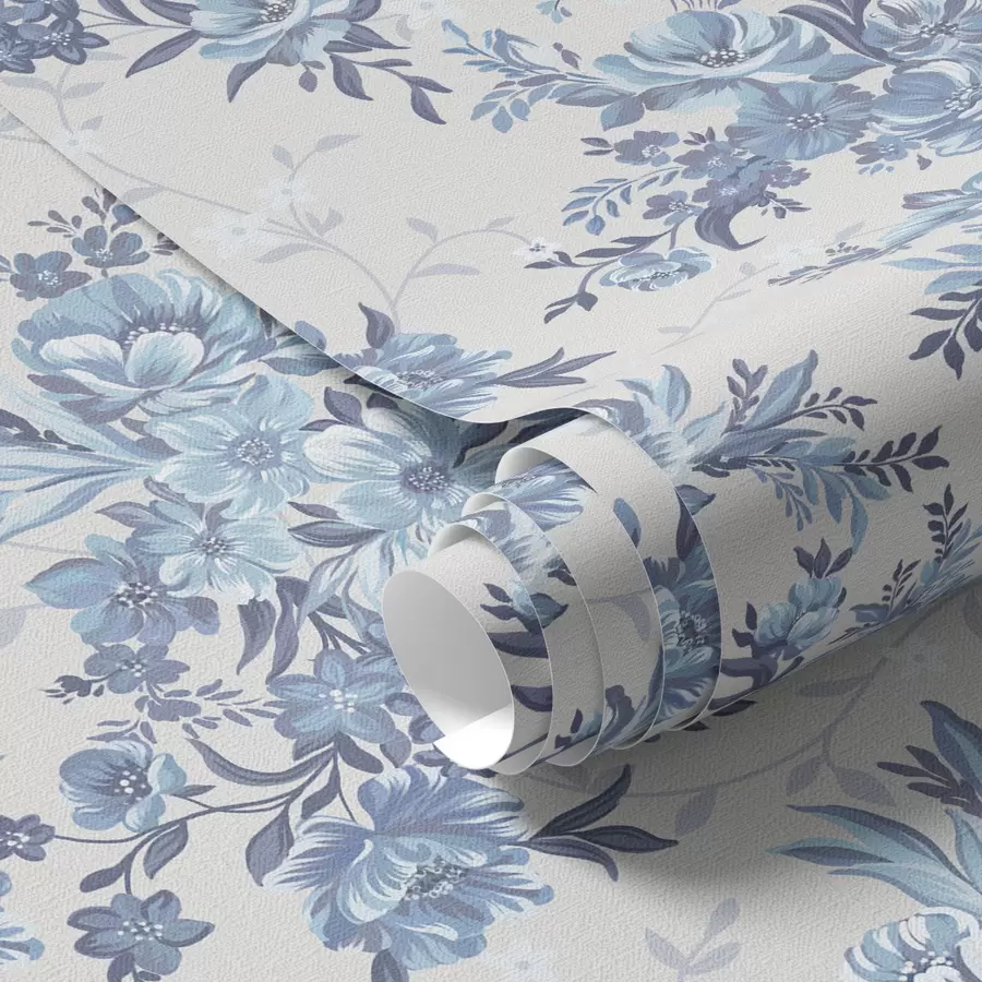 wall murals Delicate flowers and leaves in blue and blue colors on a light background a00027