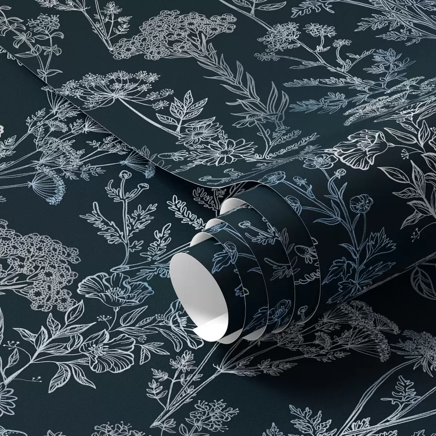 murales Plantas blancas y azules sobre fondo oscuro a00029