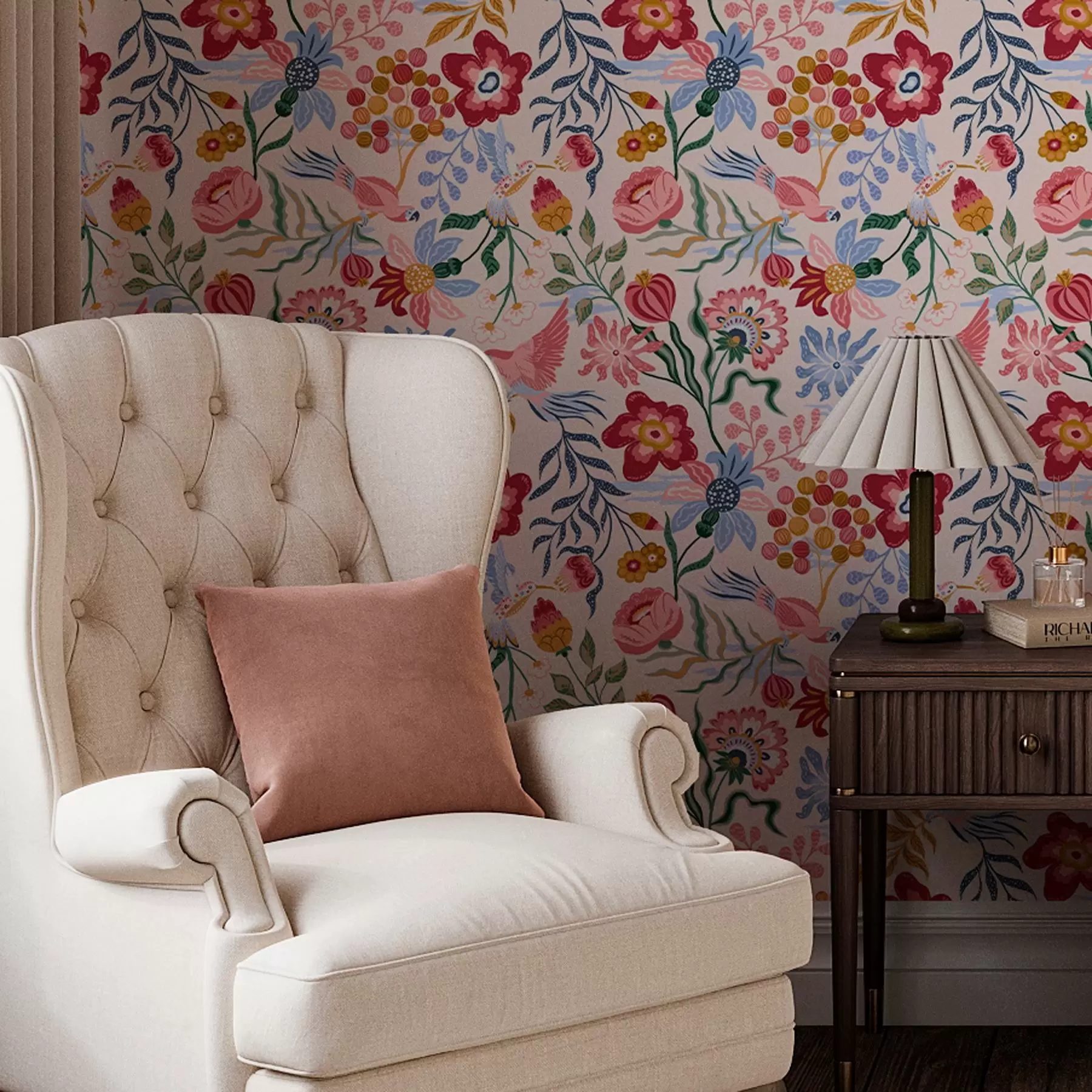 murales Bright flower and berry composition with parrots a00046
