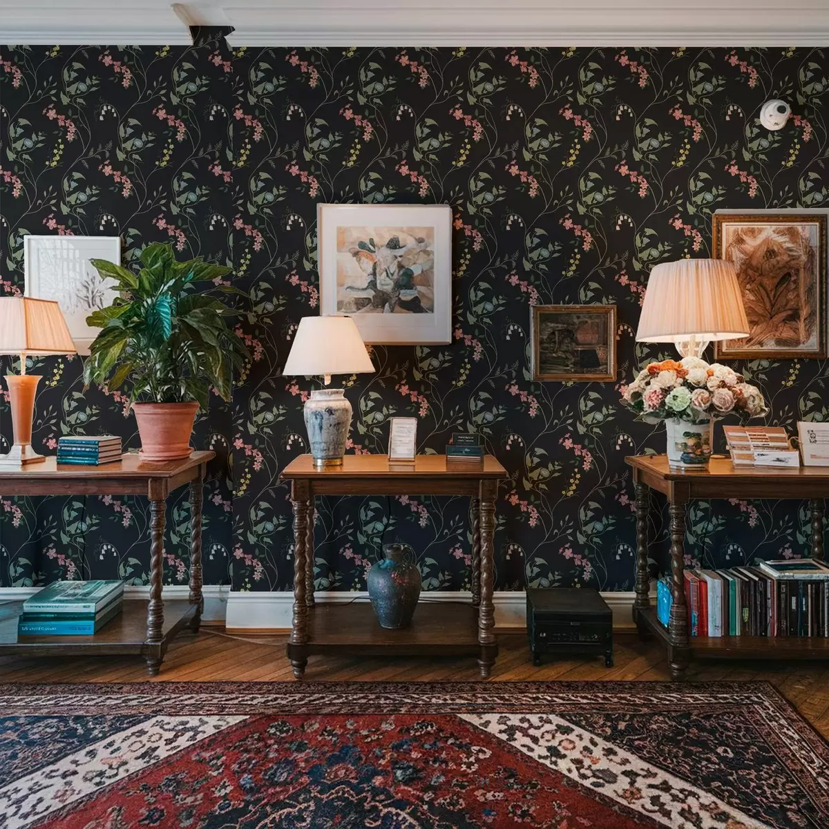 Papel pintado Flores, hojas y tallos sobre fondo oscuro a00047