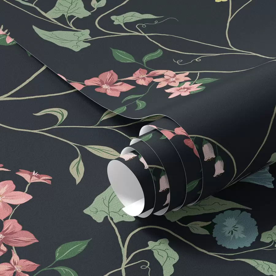 peintures murales Fleurs, feuilles et tiges sur fond sombre a00047