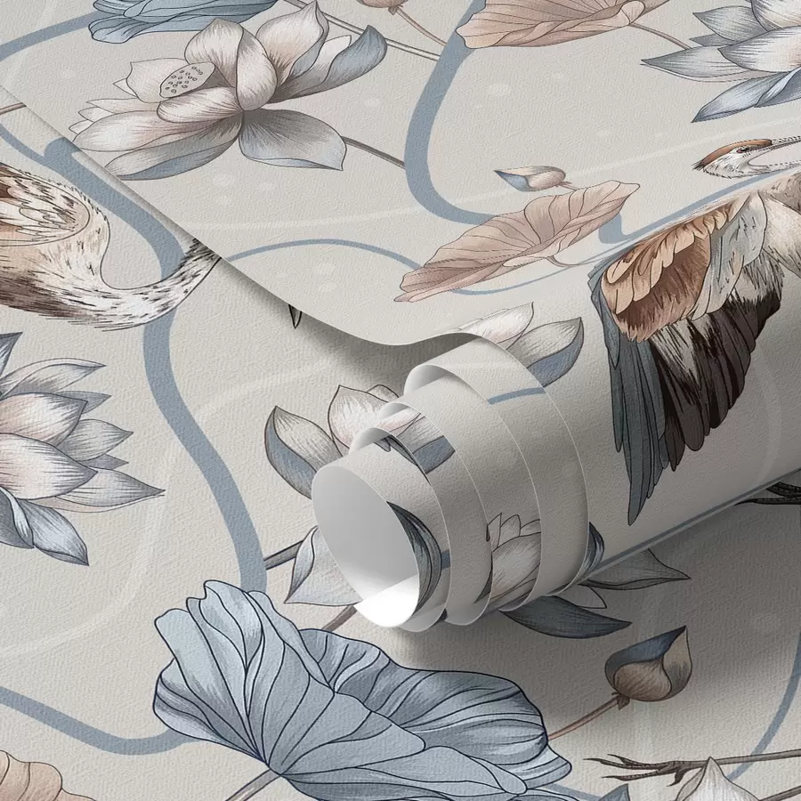 murales Composición con grullas y lotos en colores pastel a00064